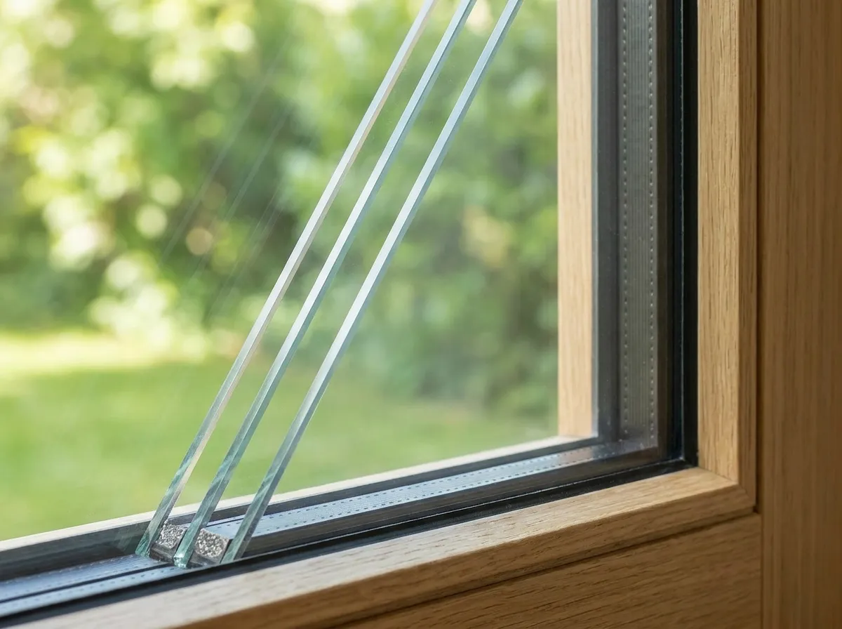 Detail van drielaags HR+++ isolatieglas met groene tuin op de achtergrond