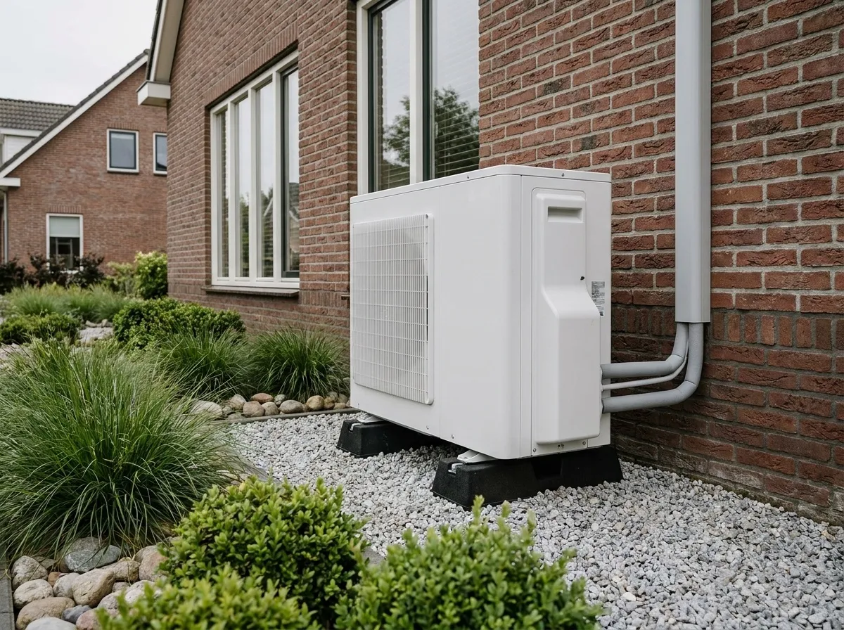 Witte buitenunit van een warmtepomp naast een gemetselde gevel met nette grindstrook